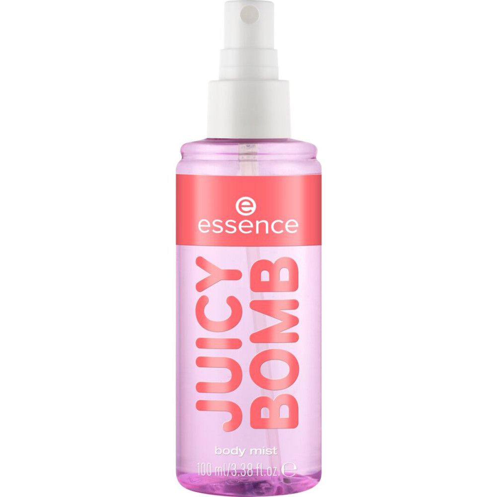 Körpernebel-Flasche mit rosa Flüssigkeit. Weißer Sprühkopf, rosa Etikett mit Schriftzug "JUICY BOMB" und Logo. Klarer Behälter.