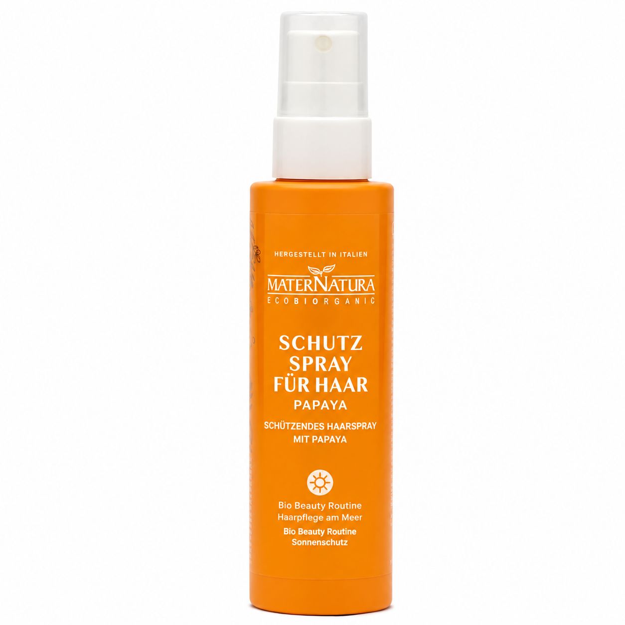 Orange Sprühflasche MaterNatura mit Papaya-Schutzspray für Haare.