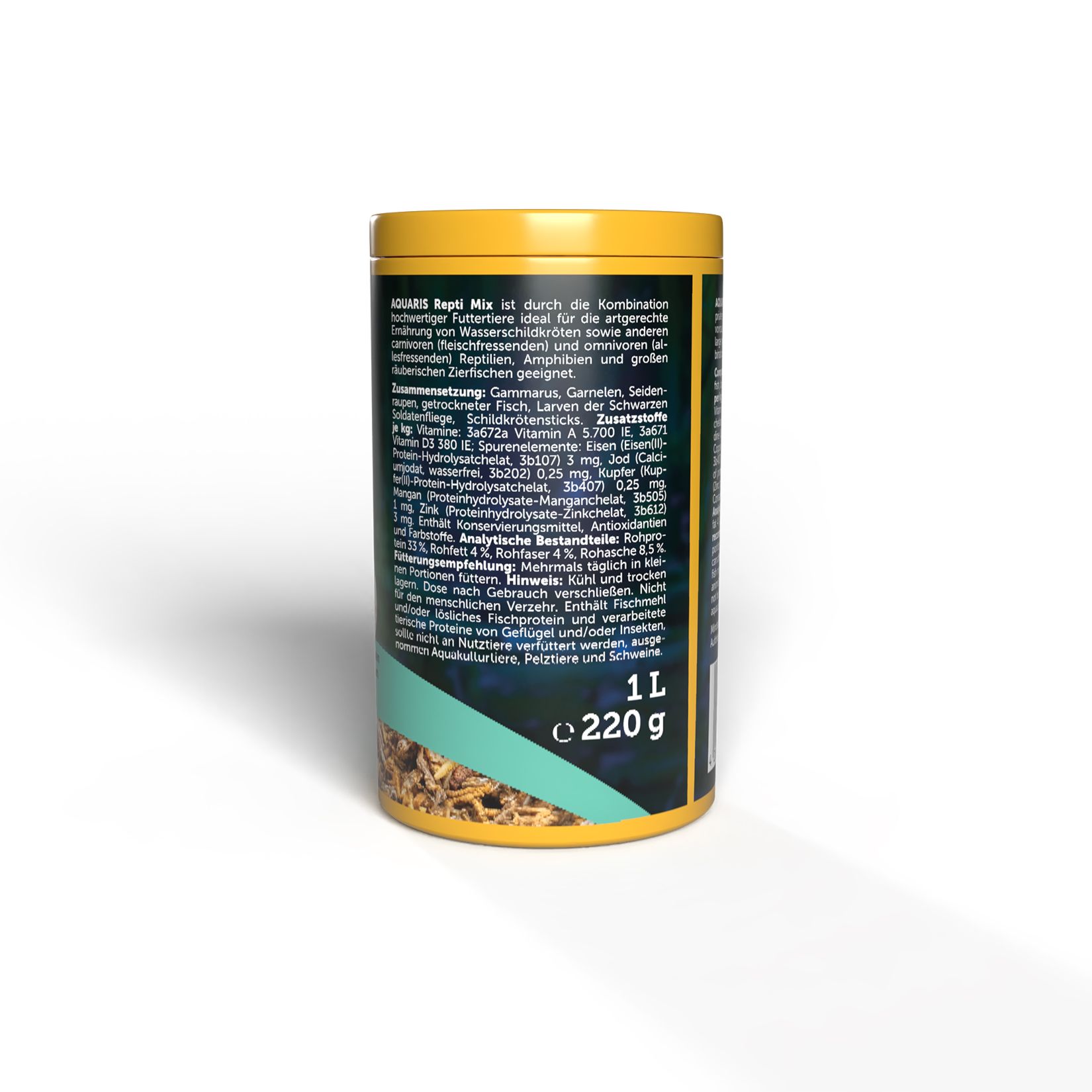 AQUARIS Repti Mix Dose. Rückseite der Dose mit gelbem Deckel. Text und Zutatenliste.