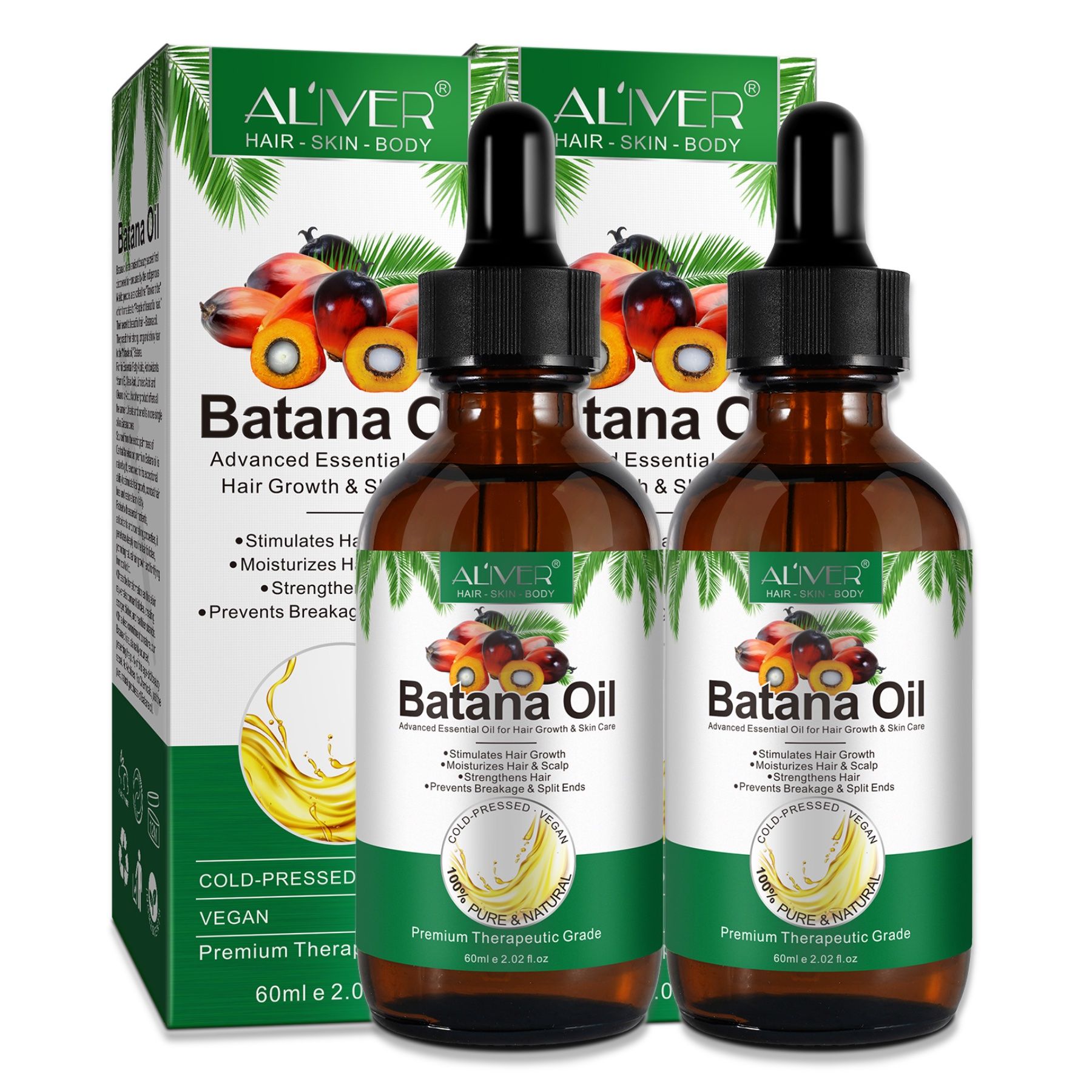 Zwei Flaschen Batana Öl mit Verpackung. Aufschrift: ALIVER, Batana Oil, 100% Pure & Natural, 60ml.