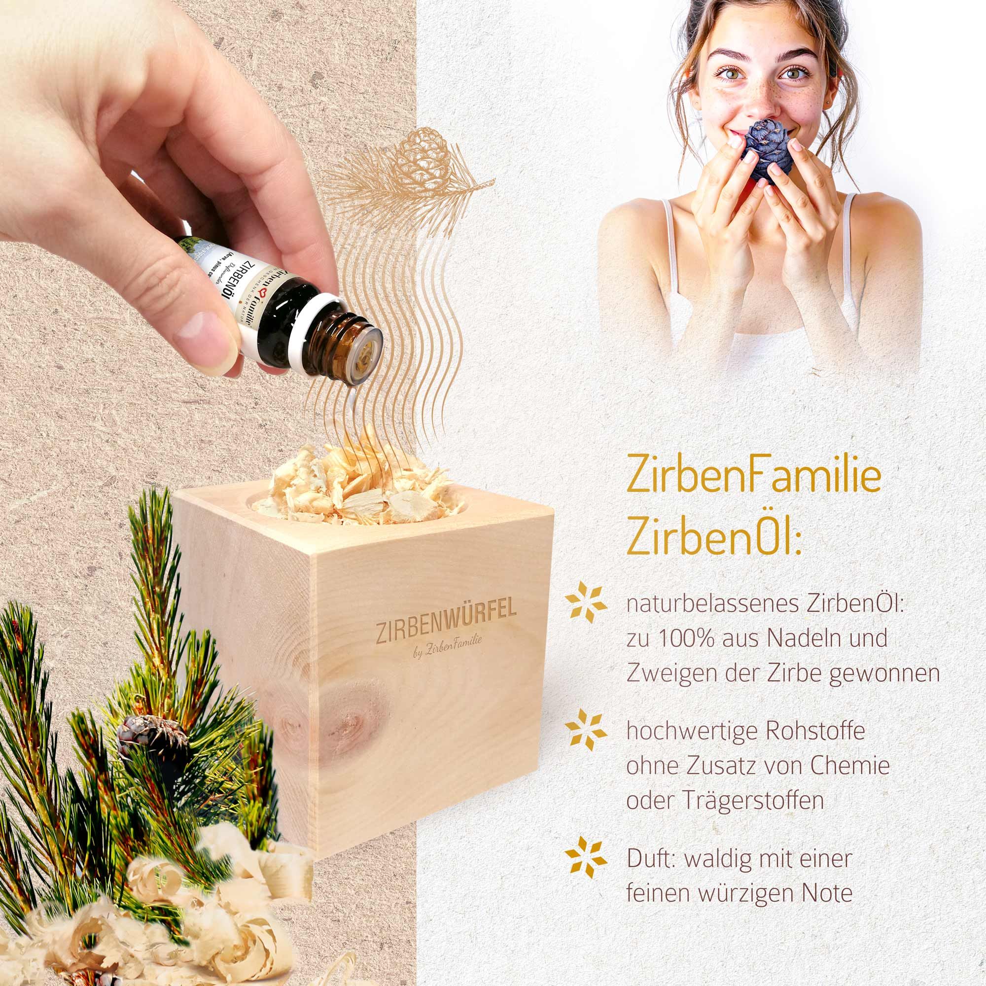 Holzwürfel mit Ölflasche und Holzspänen. Text: ZirbenFamilie ZirbenÖl. Produktmerkmale werden aufgelistet.
