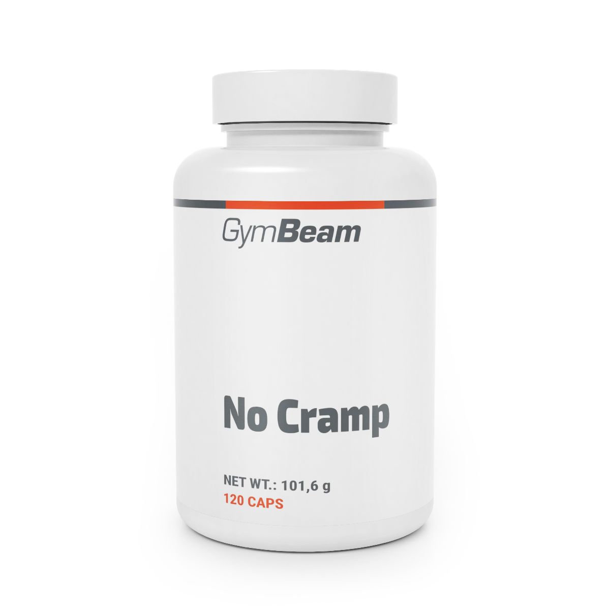 GymBeam No Cramp Kapseldose, weiß, mit schwarzem und rotem Streifen. Enthält 120 Kapseln.