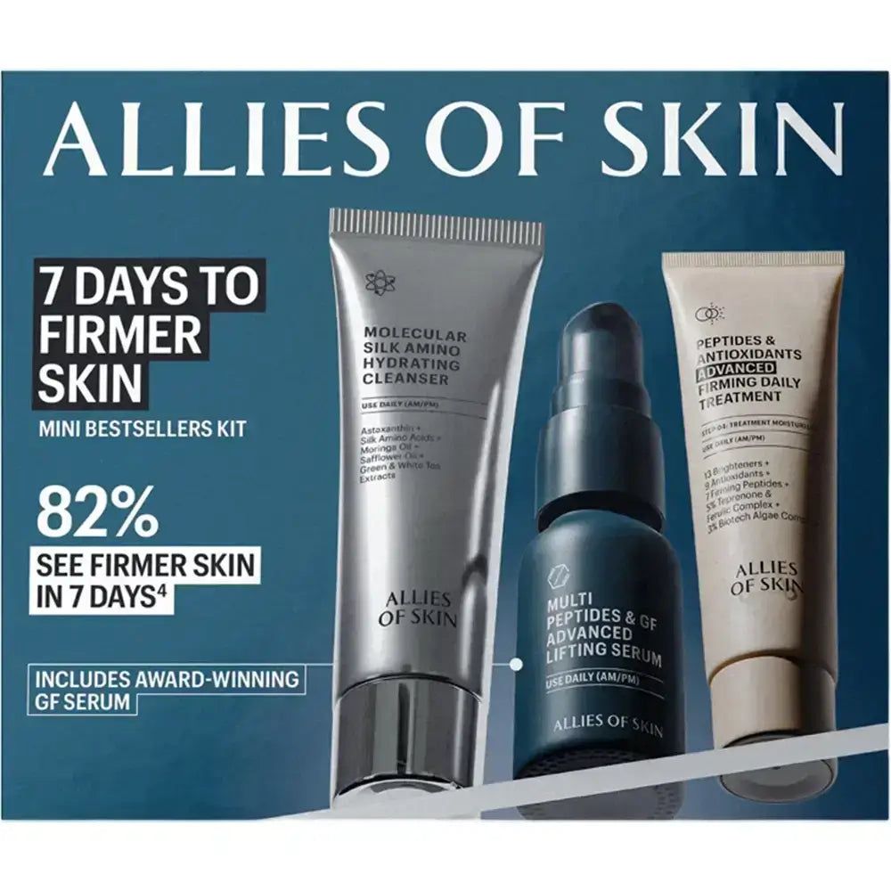 ALLIES OF SKIN Kit. Enthält Reiniger, Serum und Behandlung. Text: 7 Tage straffere Haut, Mini Bestseller Kit.