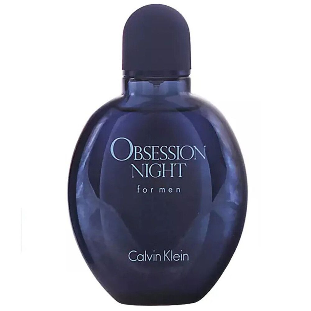 Runde, dunkelblaue Flasche von Calvin Klein Obsession Night for Men. Mit schwarzem Verschluss.
