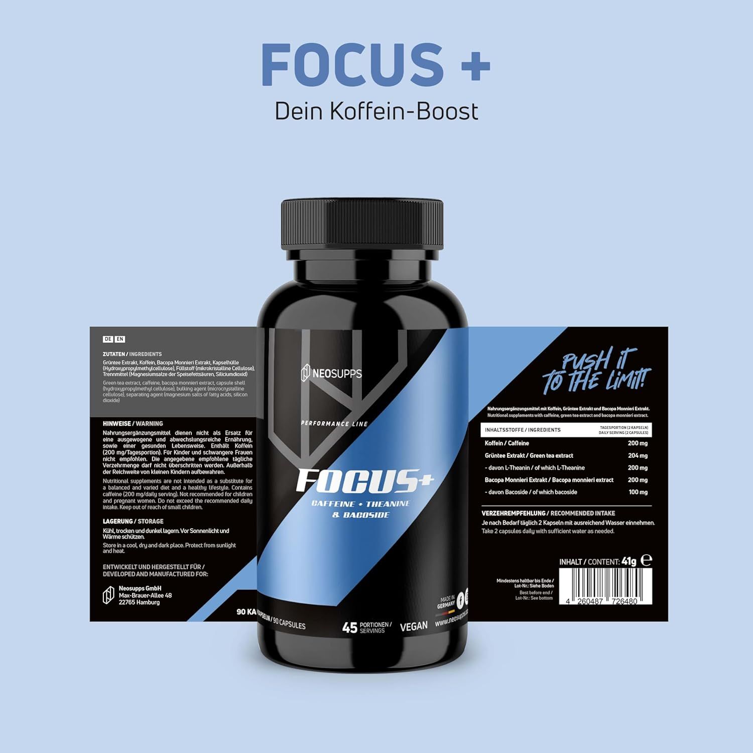 Schwarze Flasche mit Focus+. Aufschrift: Neosupps, Focus+, Koffein, Theanin & Bacoside. 45 Portionen, vegan. Produktinformationen.