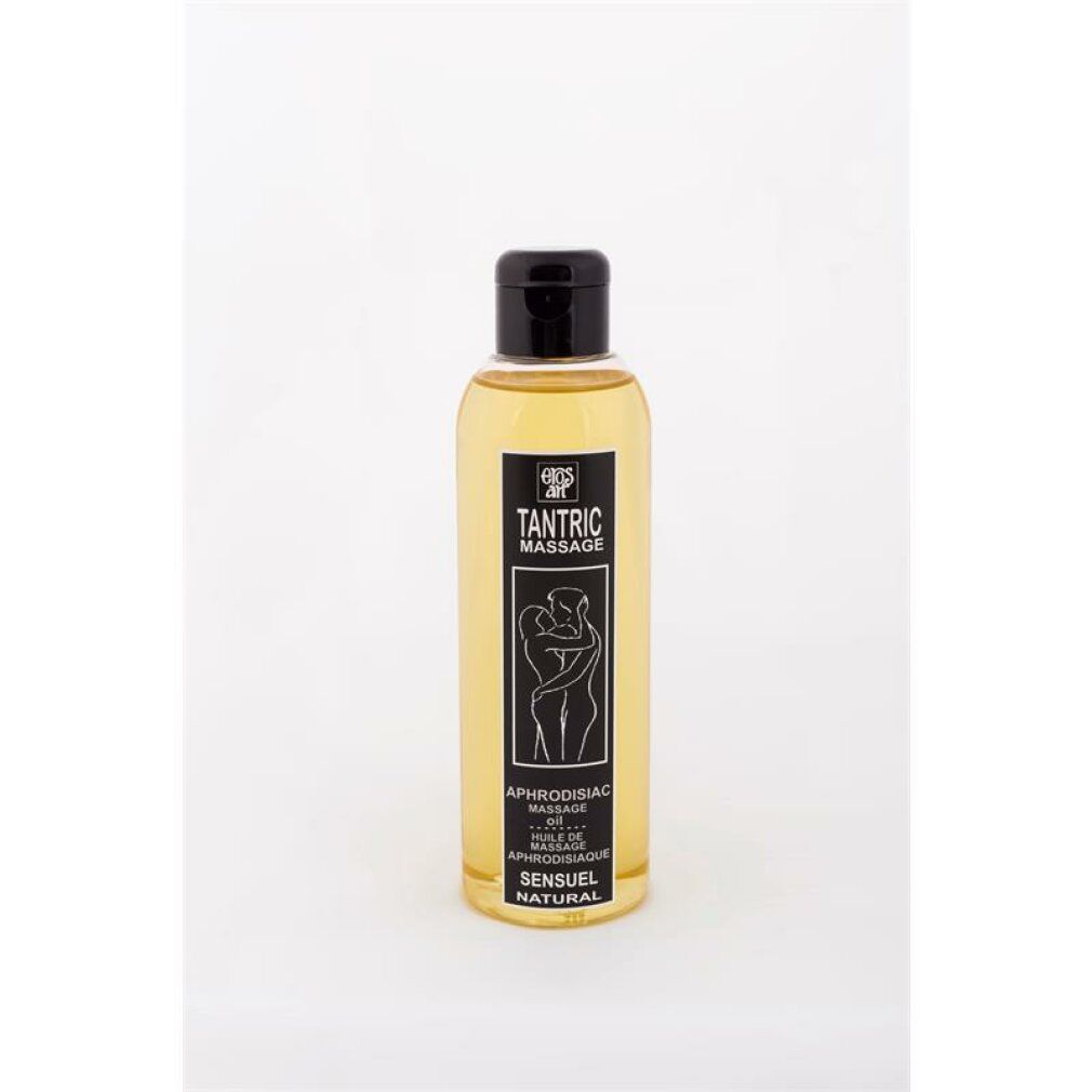 Transparente Flasche mit schwarzem Deckel. Aufschrift: Tantric Massage, Aphrodisiac. Gelbe Flüssigkeit sichtbar.