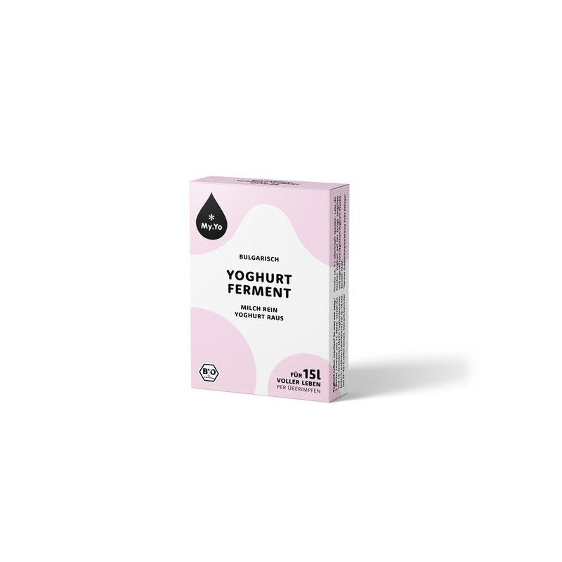 Rosa Karton mit "My.Yo"-Logo und Aufschrift "Yoghurt Ferment Bulgarisch". Enthält Text und Bio-Siegel.