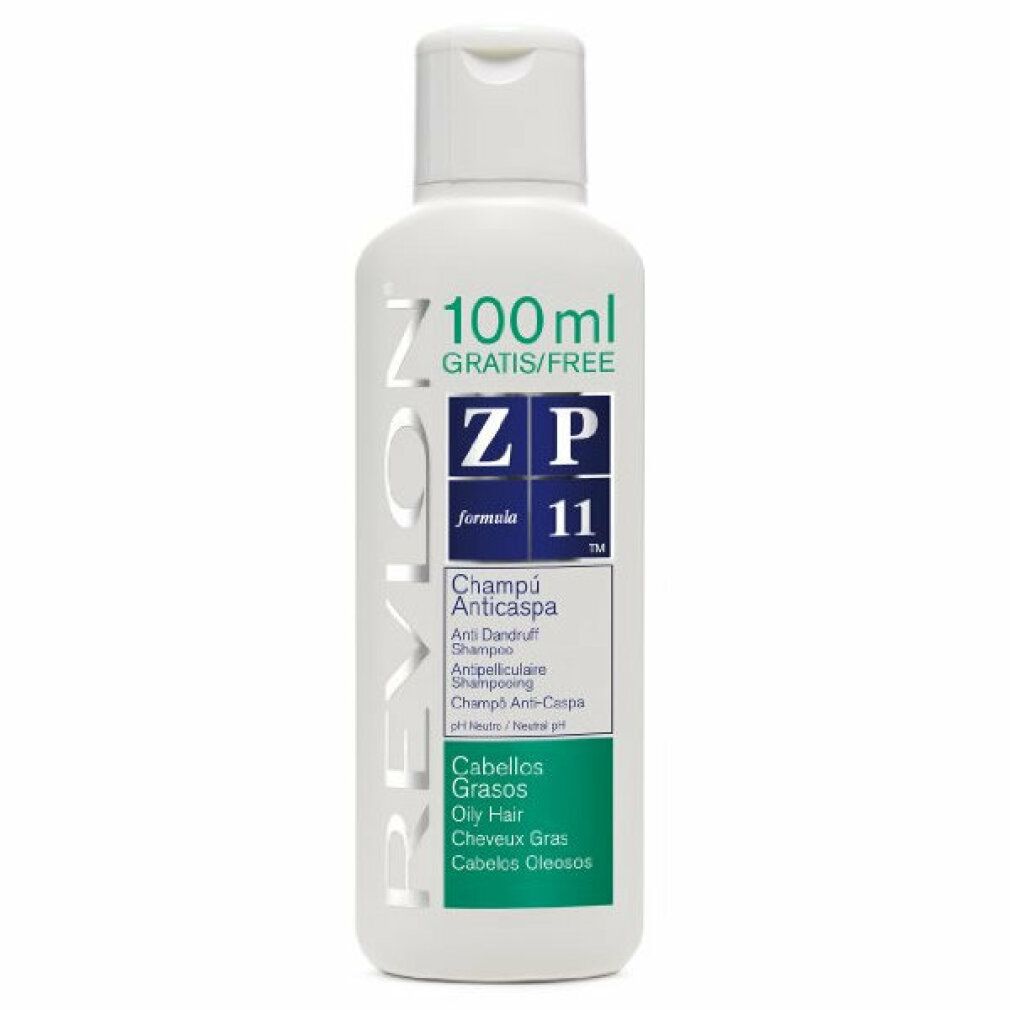 Weiße Shampoo-Flasche mit grün-weißem Etikett. Text: Revlon, ZP 11, Champú Anticaspa, Cabellos Grasos. Gratis/Free.