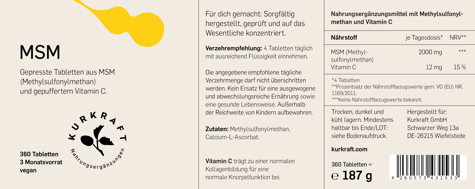Produktetikett mit Informationen zu MSM Tabletten. Text: MSM, 360 Tabletten, 3 Monatsvorrat, vegan.