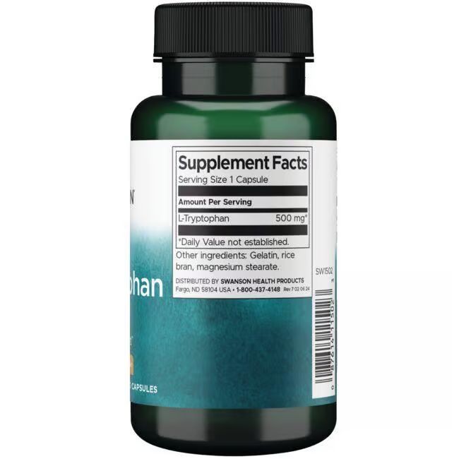 Rückseite einer grünen Flasche. Etikett mit Nährwertangaben für L-Tryptophan 500 mg und Inhaltsstoffen.