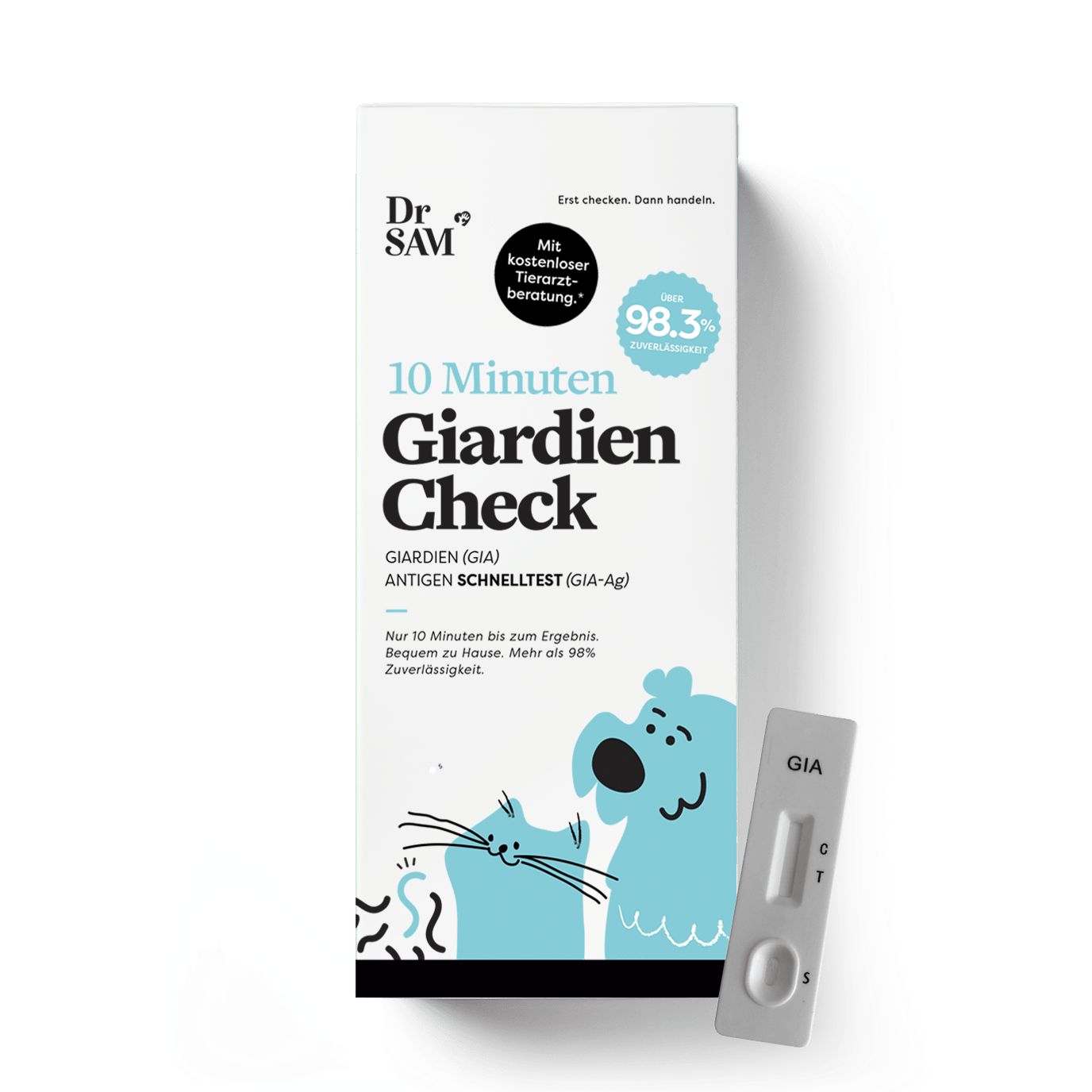 Verpackung des Giardien-Schnelltests mit Teststreifen. Aufdruck: 10 Minuten Giardien Check, 98,3% Genauigkeit.