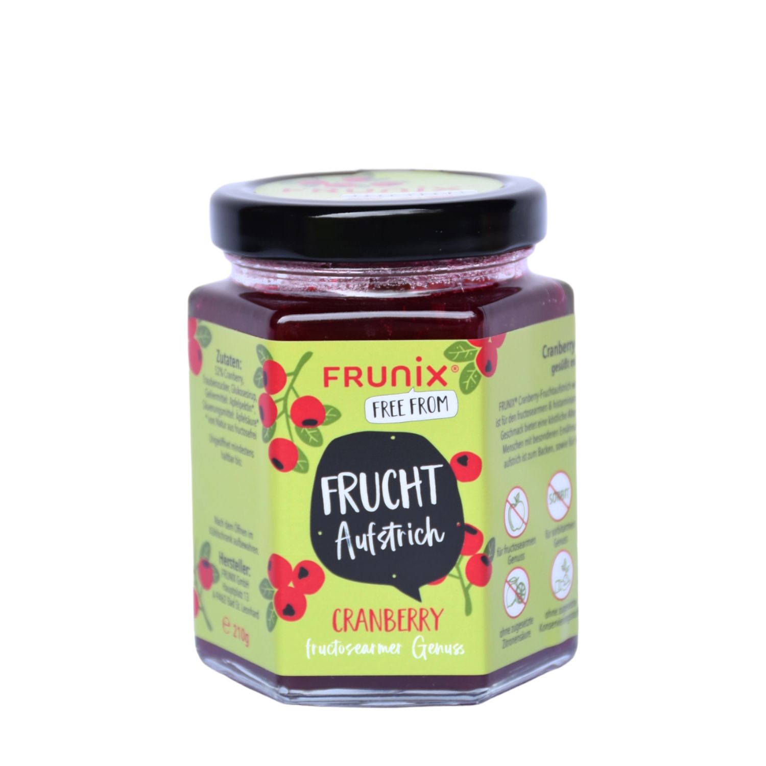 Glas mit Cranberry-Fruchtaufstrich. Aufschrift: FRUNIX Fruchtaufstrich Cranberry. Etikett: free from, ohne Fructose.