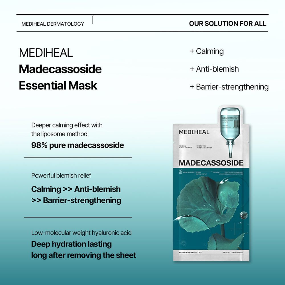 Verpackung der MEDIHEAL Madecassoside Essential Maske. Text: Madecassoside, Calming, Anti-Blemish, Barrier-stärkend.
