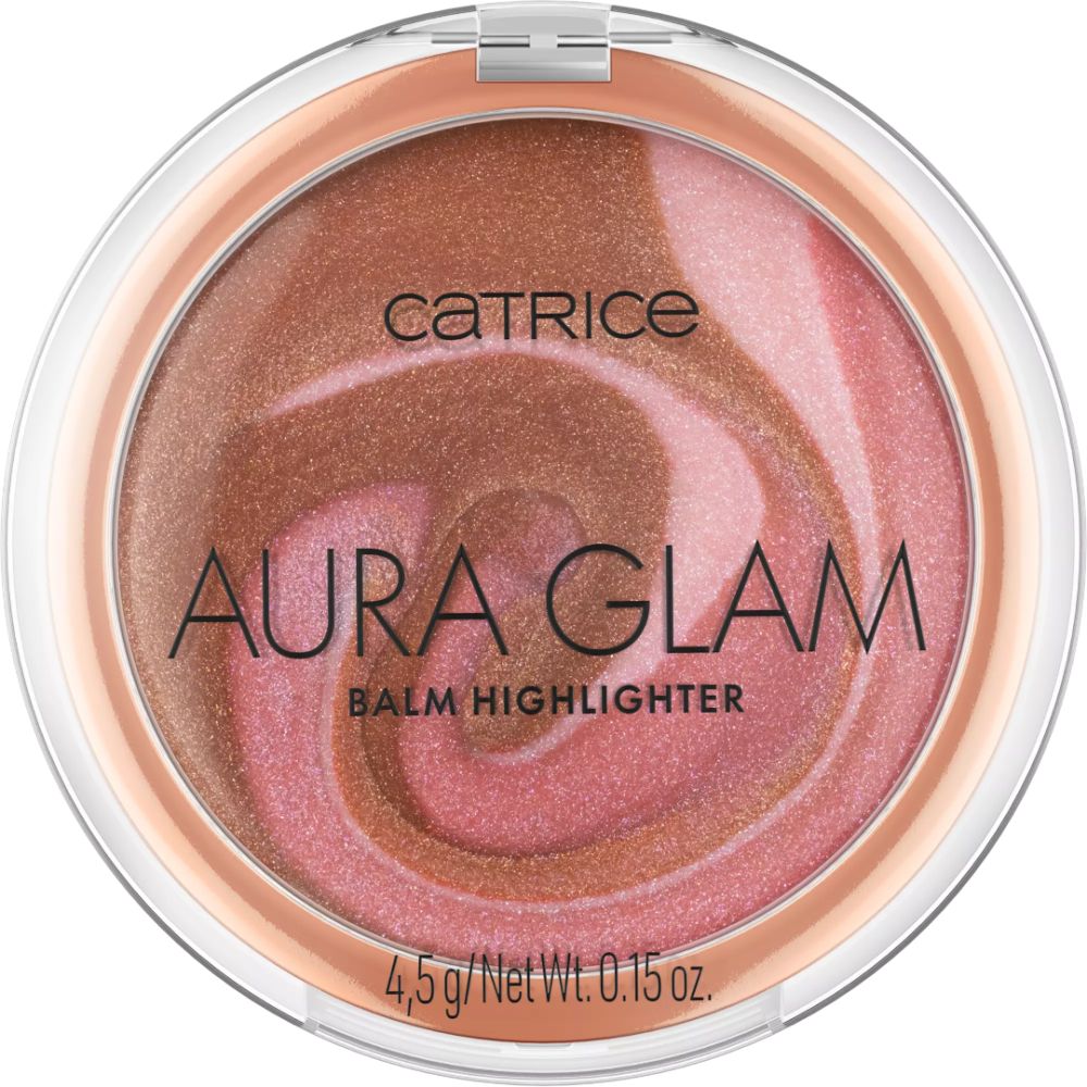 Runder Highlighter in transparenter Dose. Farbverlauf von Rosa zu Bronze. Aufschrift: Catrice, Aura Glam, Balm Highlighter.