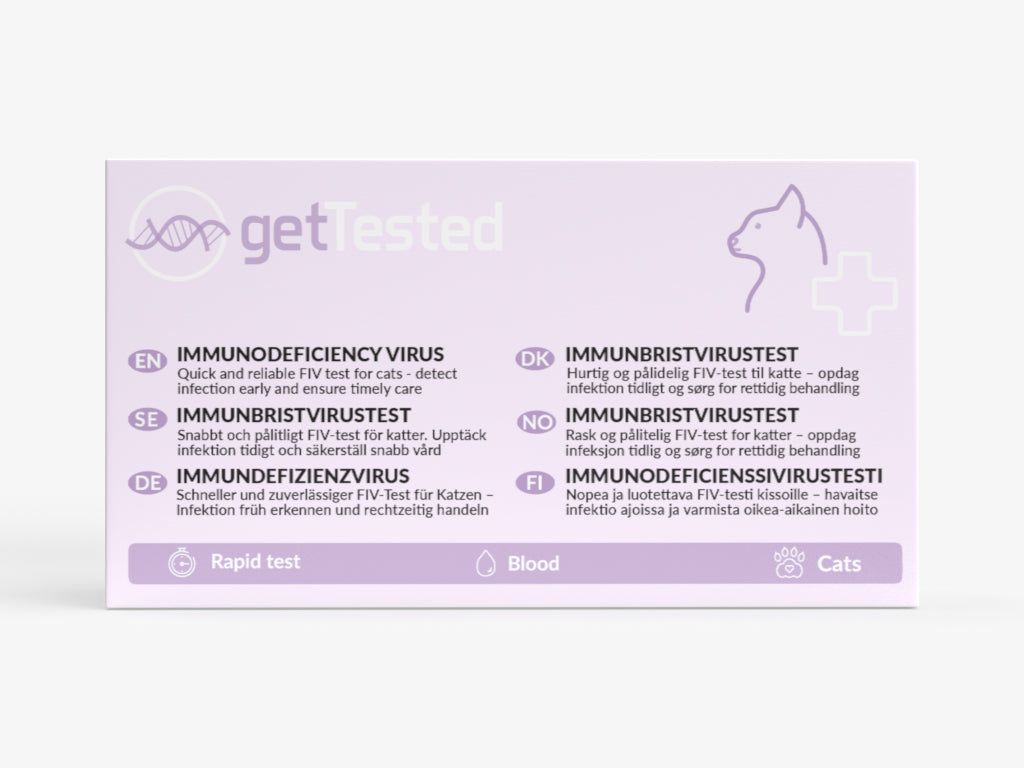 GetTested Immundefizienz-Test für Katzen. Verpackung mit Produktnamen, Logo, und Informationen in mehreren Sprachen. Für Katzen, Blut, Schnelltest.