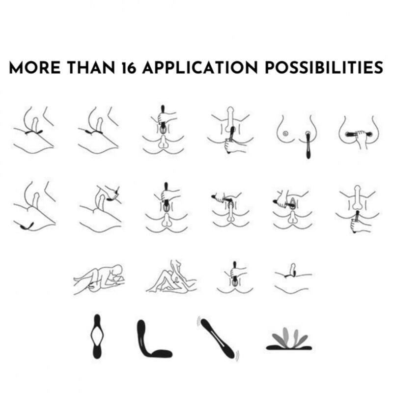 Illustrationen von Anwendungsmöglichkeiten. Mehr als 16 Anwendungen. Schwarz-weiße Illustrationen von Piktogrammen.