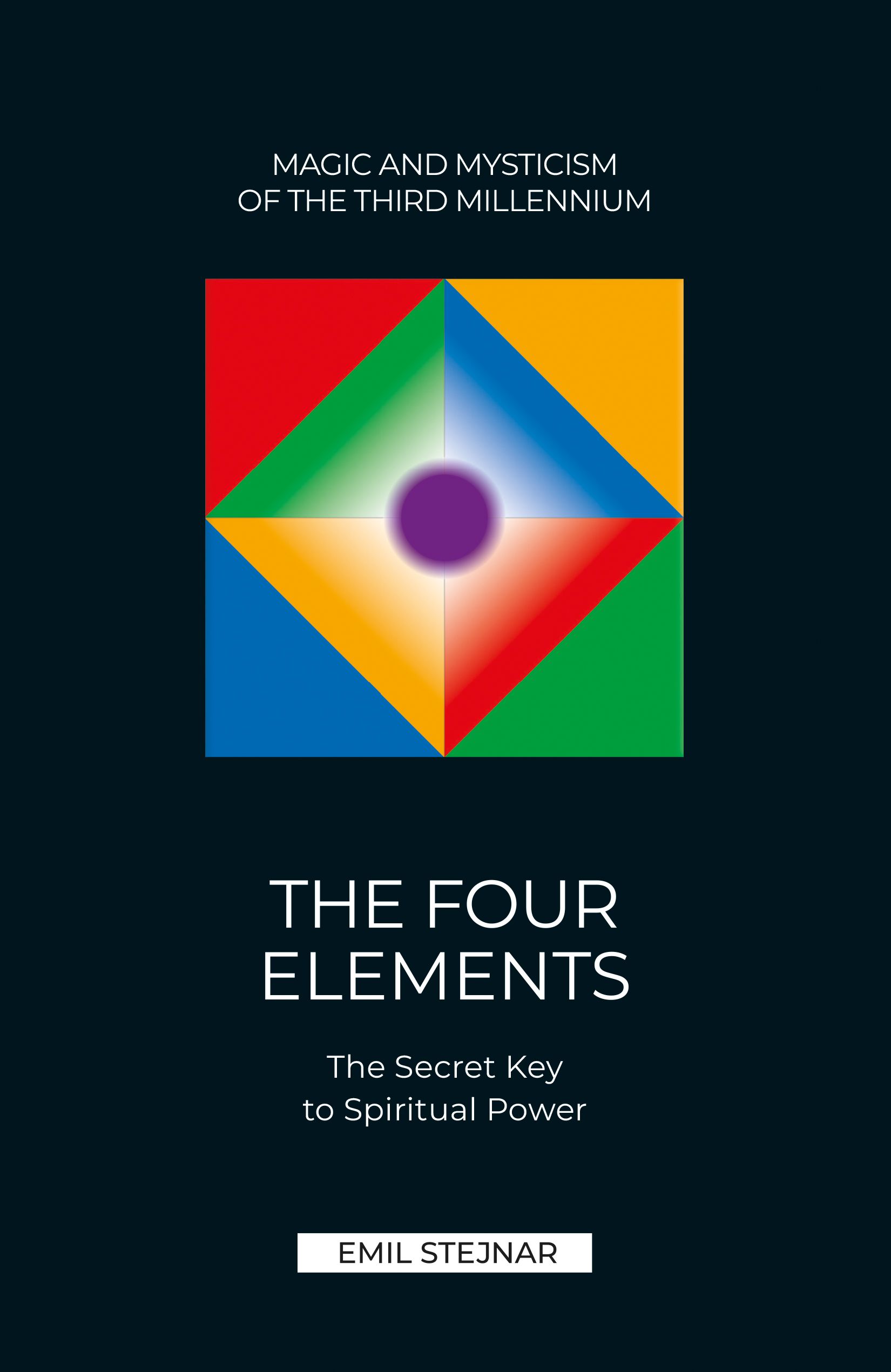 Buchcover mit Titel "THE FOUR ELEMENTS". Oben farbiges Quadrat, darunter Titel und Autor Emil Stejnar.