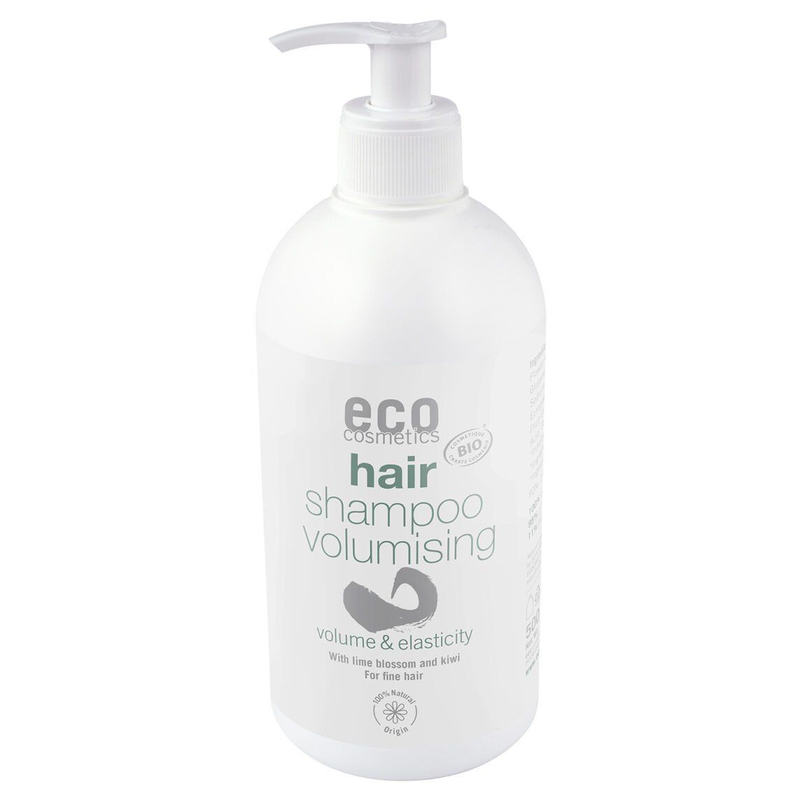Weiße Shampoo-Flasche mit Pumpverschluss. Aufschrift: eco cosmetics hair shampoo volumising. Bio-Siegel.