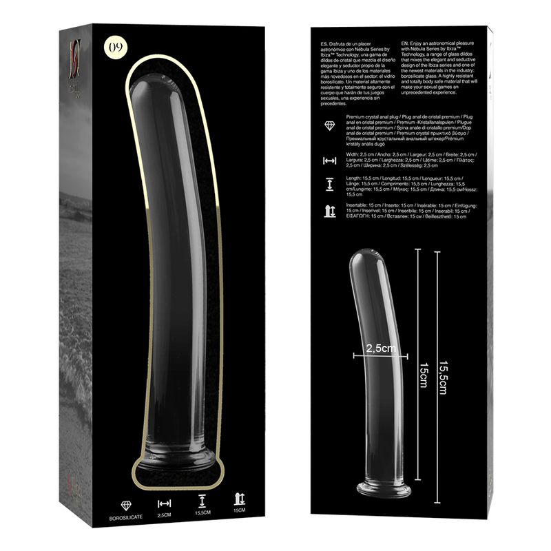 Verpackung und Dildo aus Borosilikatglas, Modell 9. Vorderseite: schwarze Box mit Produktabbildung. Rückseite: Produktinformationen und Maße.
