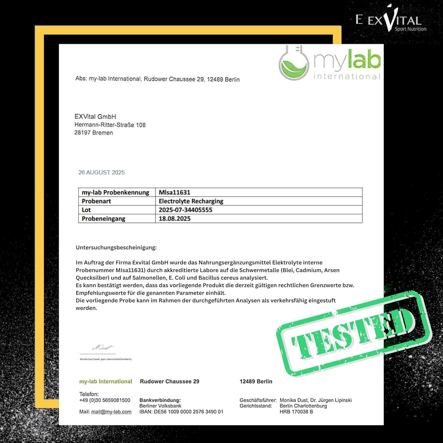 Laborbericht von mylab international. Bestätigt die Analyse von EXVital Elektrolyte. Text: Getestet, Probenummer, Chargennummer, Datum.