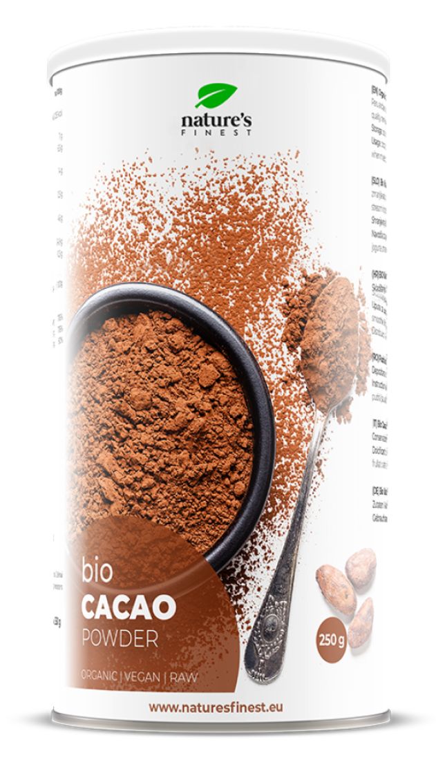 Zylinderdose mit braunem Kakaopulver. Aufschrift: bio Cacao Powder, Organic, Vegan, Raw. Marke: nature's finest. 250g.