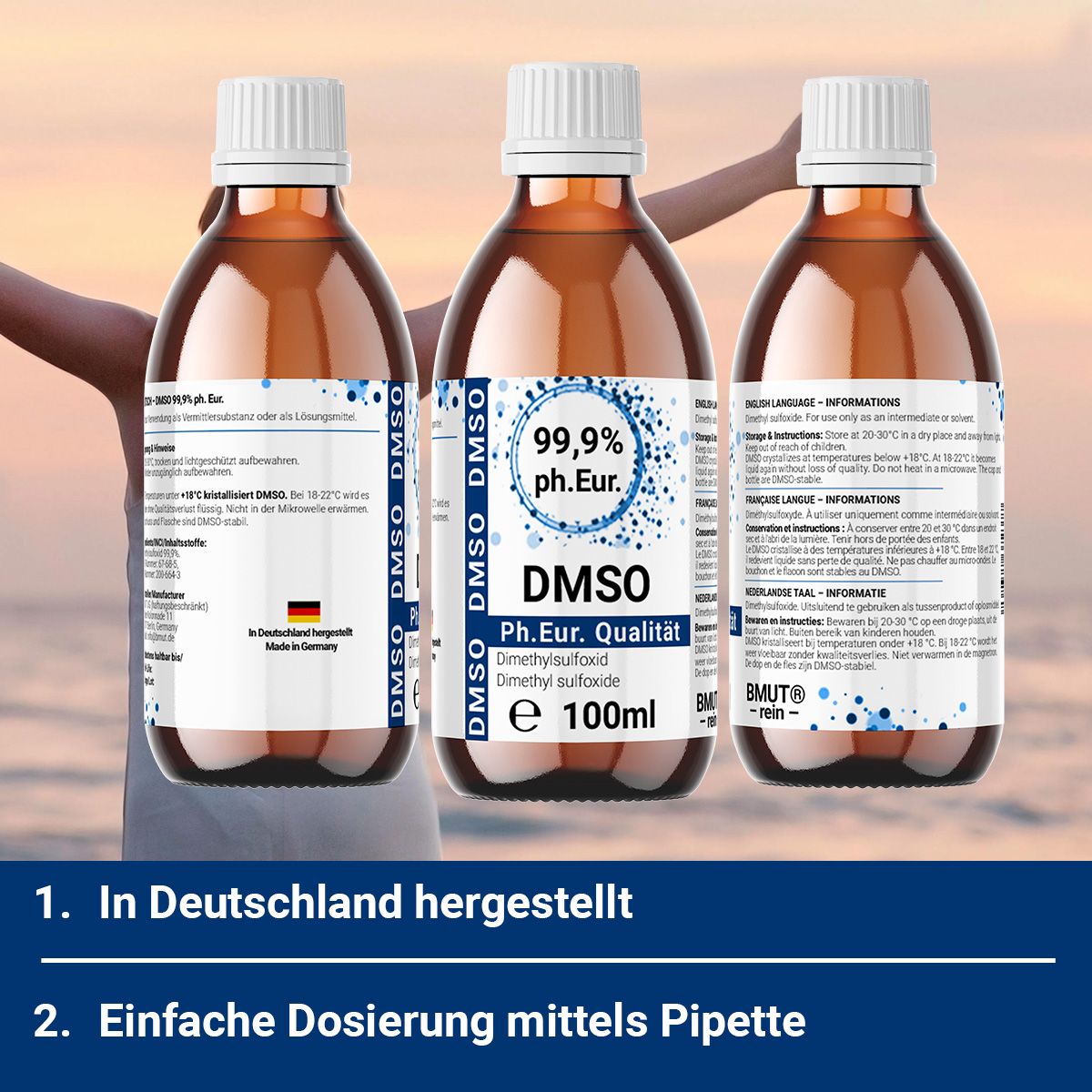 Drei Braunglasflaschen mit Etikett, enthalten DMSO 99,9% ph. Eur. Text: In Deutschland hergestellt, Einfache Dosierung mittels Pipette.