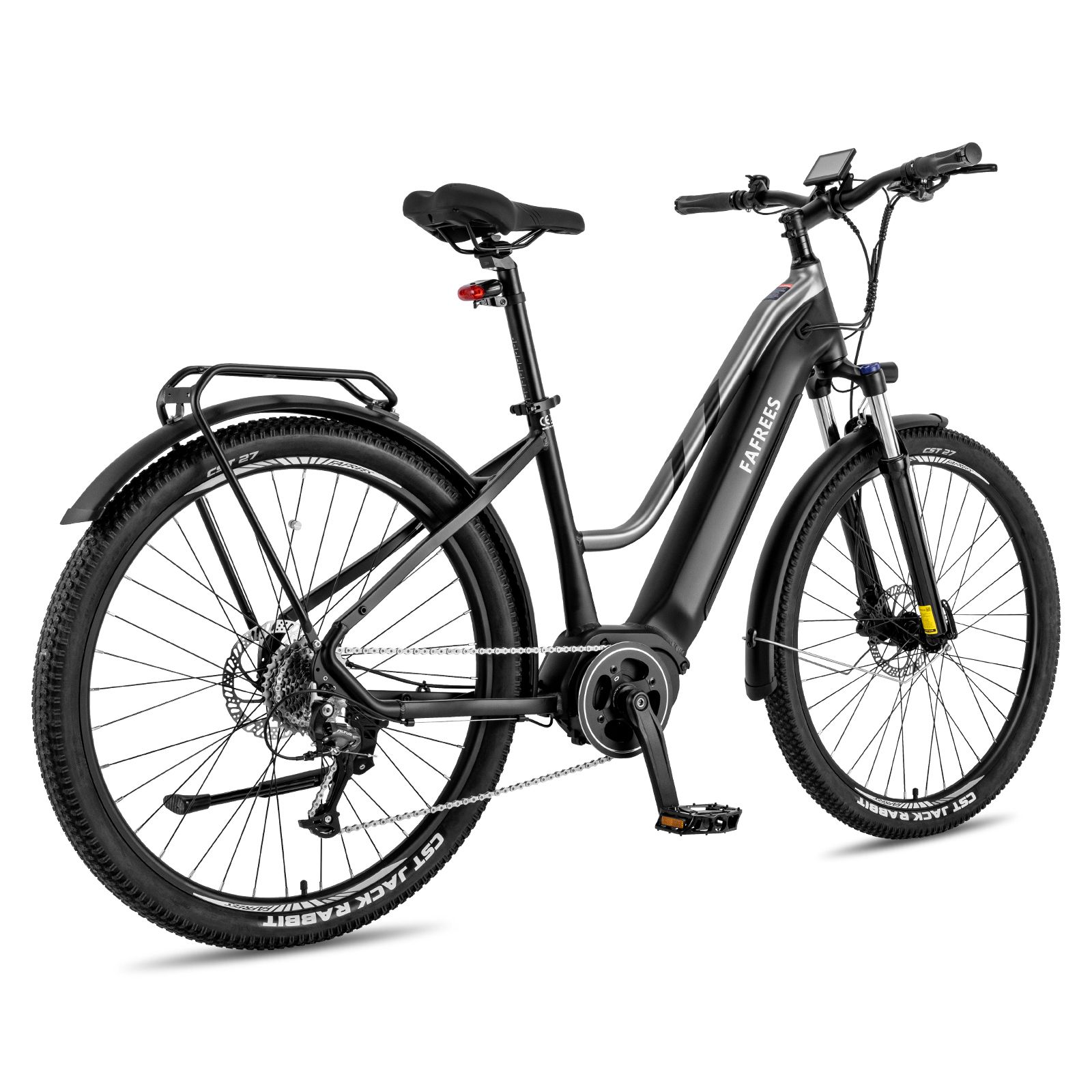 Schwarzes E-Bike mit Mittelmotor. FAFREES-Logo am Rahmen. Gepäckträger, Schutzbleche und schwarze Reifen.