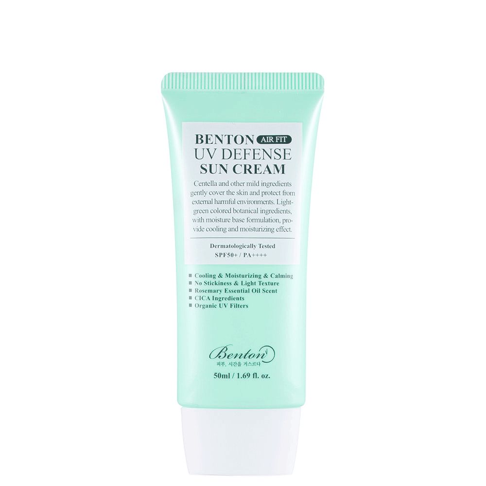 Benton Air Fit UV Defense Sun Cream Tube mit SPF50+ PA++++. Leichte, kühlende und feuchtigkeitsspendende Formel.