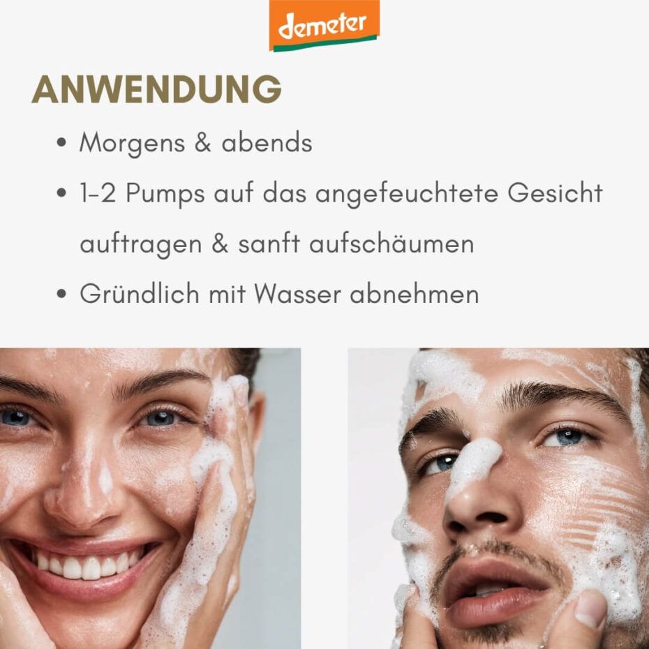 Anwendungshinweise mit zwei Gesichtern, die Reinigungsgel verwenden. Demeter-Logo oben.