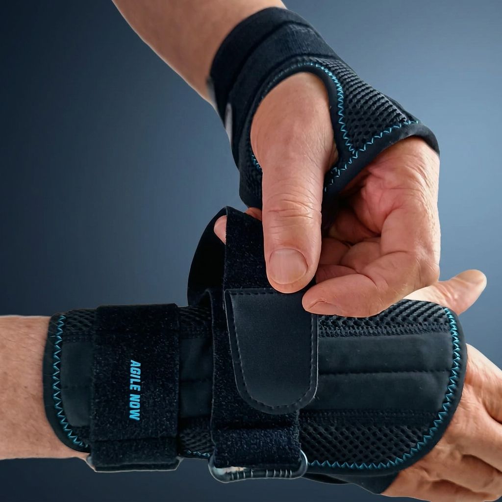 Handgelenkbandage, schwarz. Klettverschlüsse. Person hält Bandage an Handgelenk. Text: AGILE NOW.