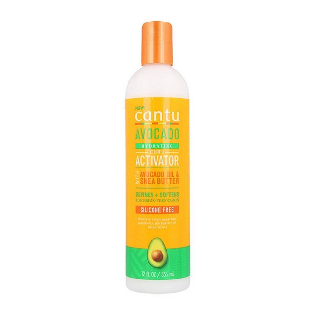 Cantu Avocado Curl Activator Flasche. Gelb-grünes Etikett mit Produktnamen und Avocado-Illustration. Orangefarbener Deckel.