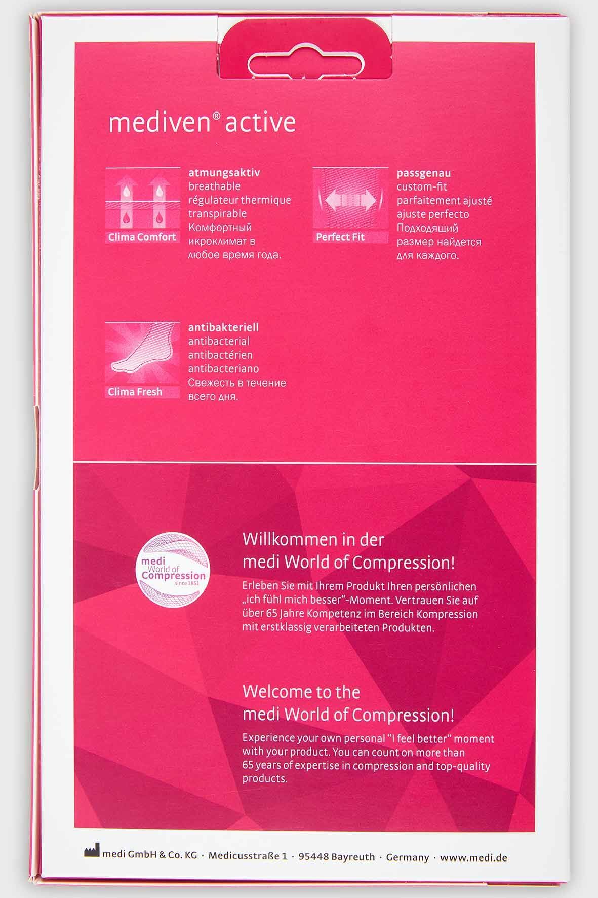 Verpackung von mediven active Kompressionsstrümpfen. Produktinformationen und Logos auf weißem Hintergrund.