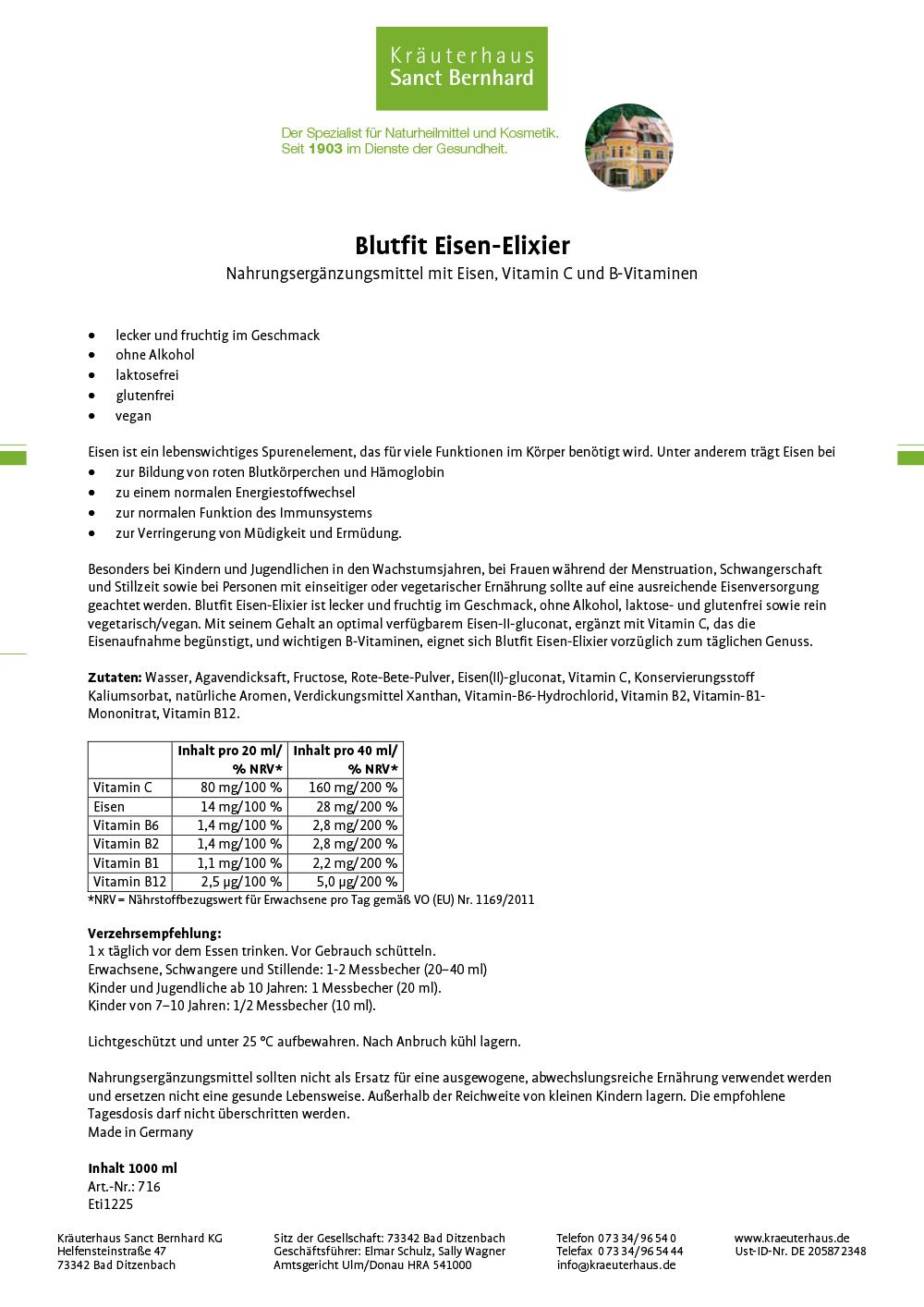 Produktinformationen zu Blutfit Eisen-Elixier. Text und Tabelle mit Inhaltsstoffen. Logo Kräuterhaus Sanct Bernhard.