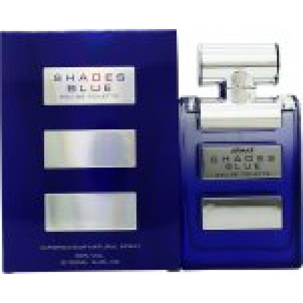 Blaues Eau de Toilette Spray mit Verpackung. Aufschrift: Armaf Shades Blue Eau de Toilette. Flakon und Verpackung in Blau.
