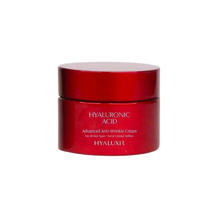 Rote Dose Anti-Falten-Creme. Aufschrift: Hyaluronsäure, Advanced Anti-Wrinkle Cream. Für alle Hauttypen.