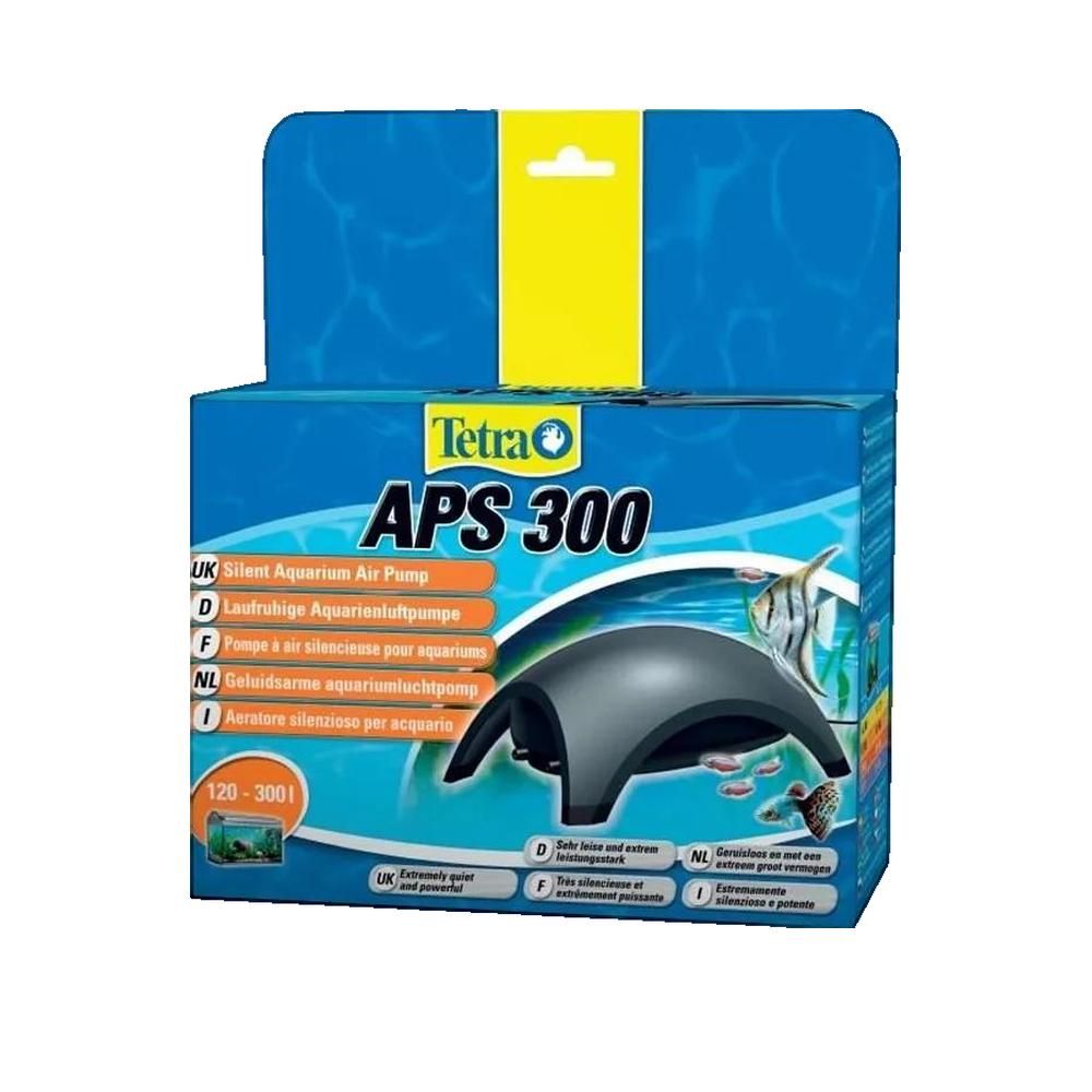 Blaue Verpackung mit Tetra APS 300. Text: Silent Aquarium Air Pump. Abbildung eines Luftpumpen-Modells und Fischen.