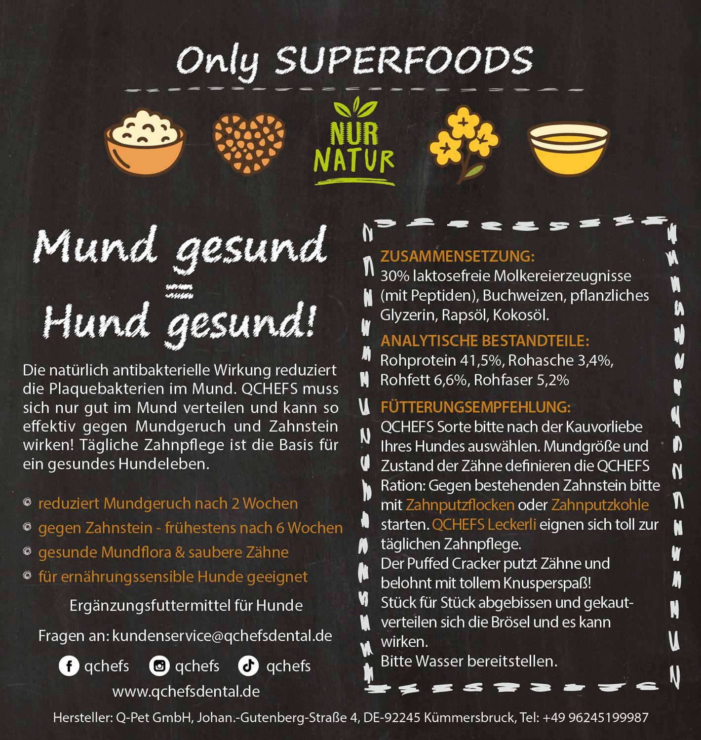 Werbetext für QCHEFS. Text: Mund gesund, Hund gesund! Zusammensetzung, analytische Bestandteile, Fütterungsempfehlung.