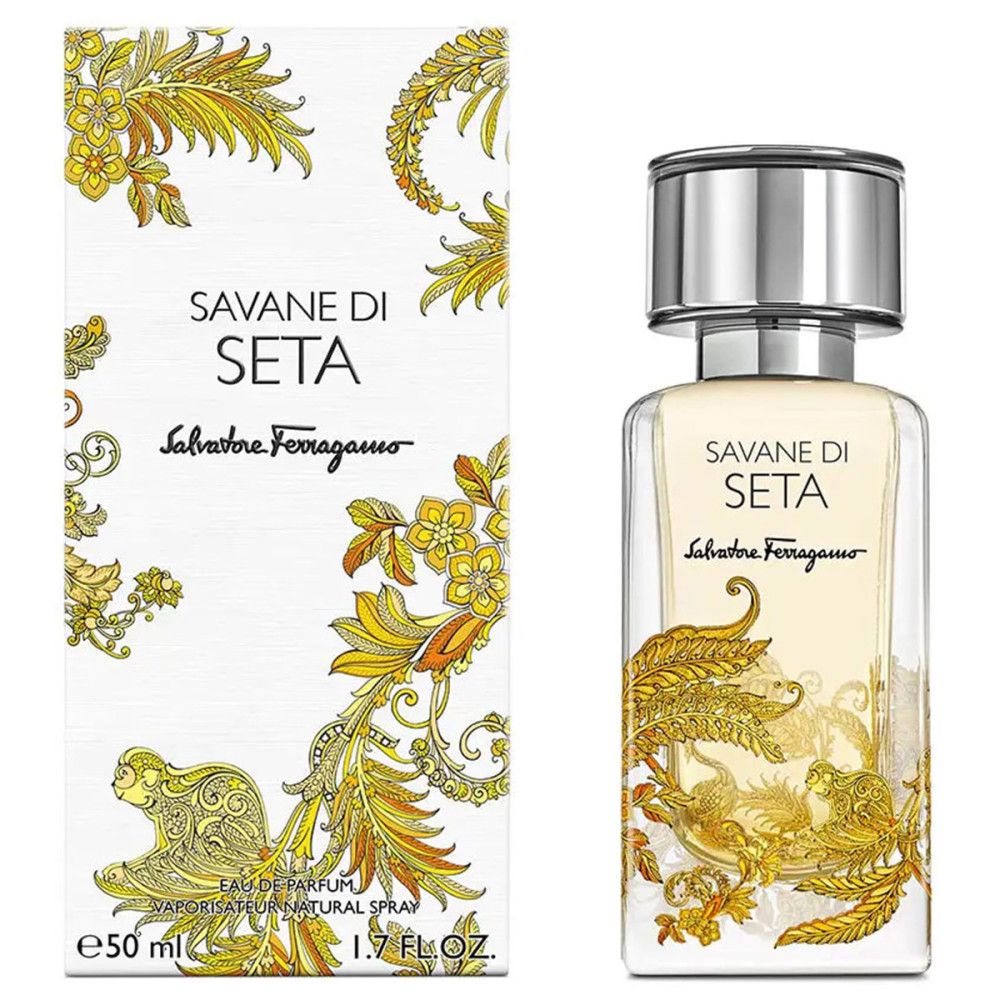 Parfümflasche und Verpackung. Aufschrift: Savane Di Seta, Salvatore Ferragamo. Goldene Verzierungen.