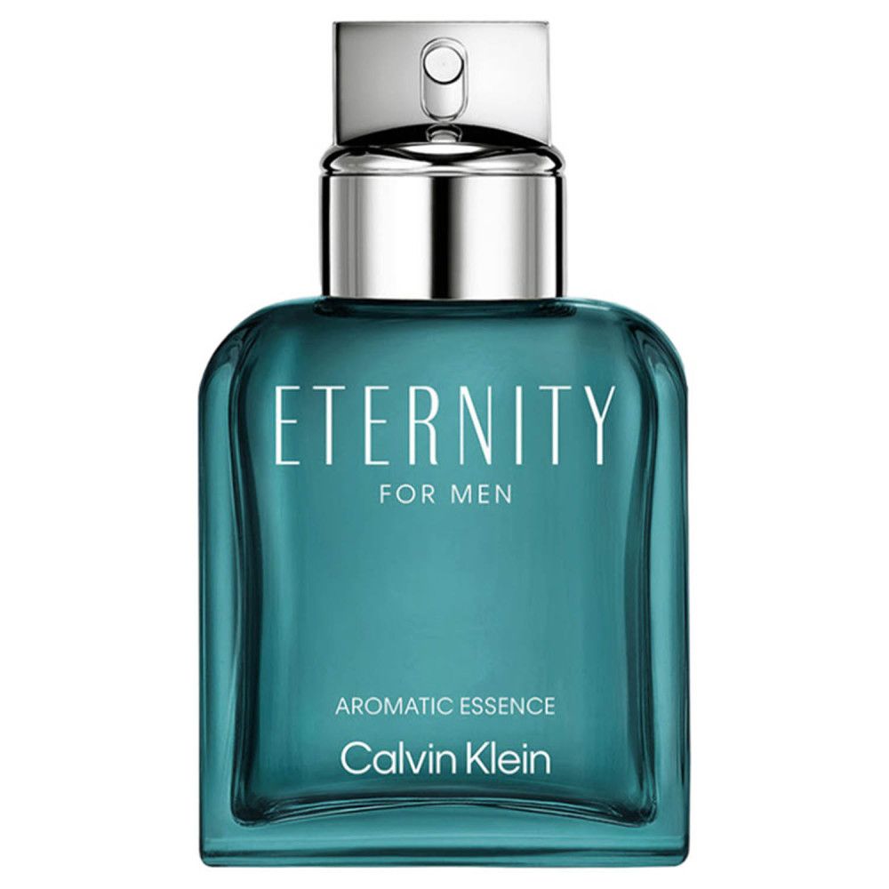 Türkisgrüner Flakon mit silbernem Verschluss. Aufschrift: Eternity for Men, Aromatic Essence, Calvin Klein.