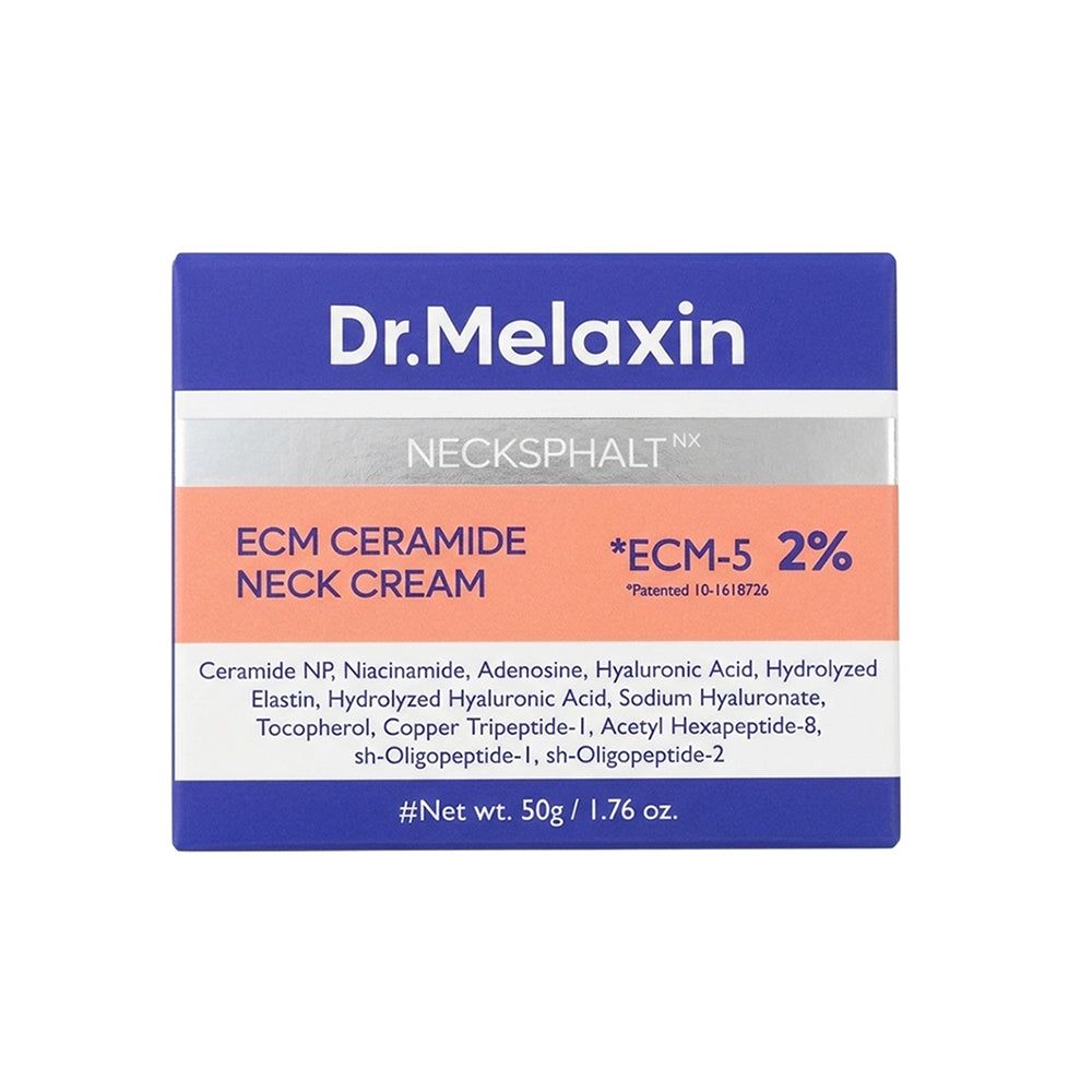 Produktetikett mit Text. Blaue, silberne und orangefarbene Bereiche. Text: "ECM Ceramide Neck Cream" und Inhaltsstoffe.
