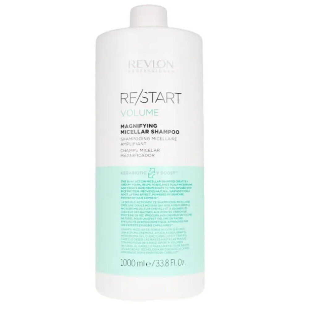Weißes Shampoo-Behältnis mit grünem Etikett. Text: RE/START VOLUME, Magnifying Micellar Shampoo. 1000 ml.