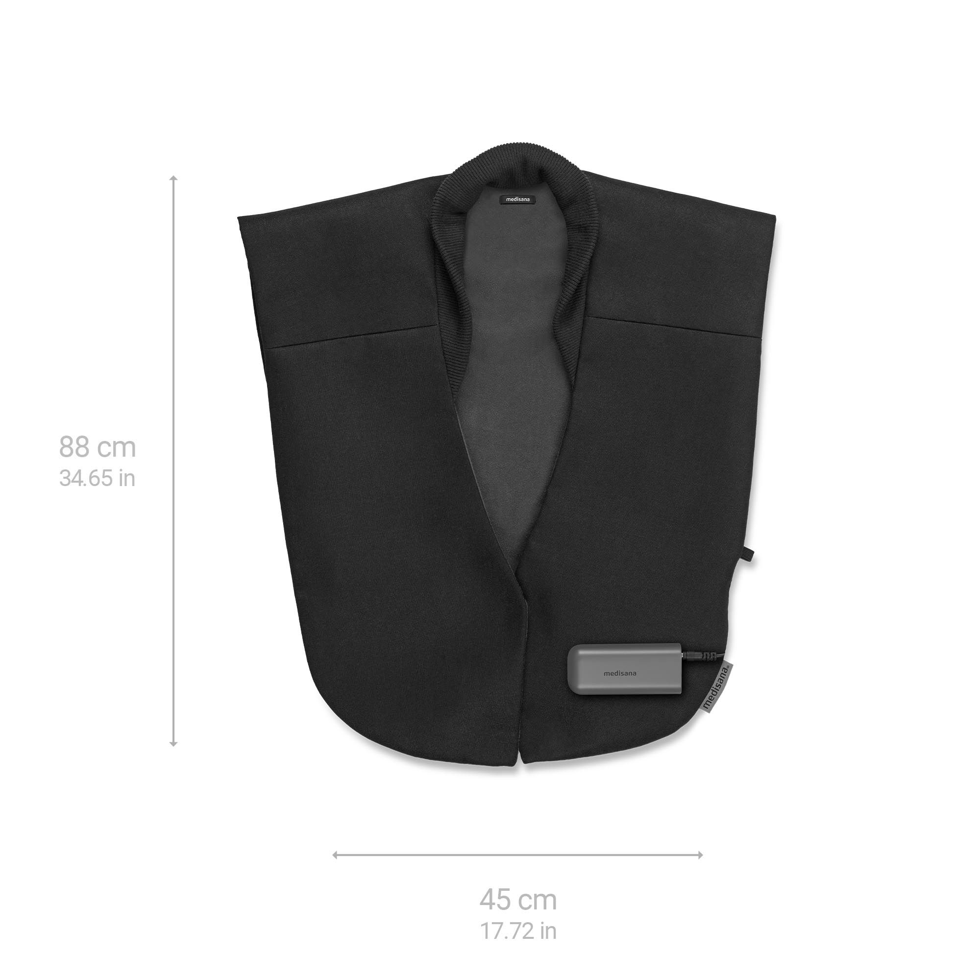 Schwarzer Wärmeschal, 88 cm lang und 45 cm breit, mit abnehmbarem Steuergerät.