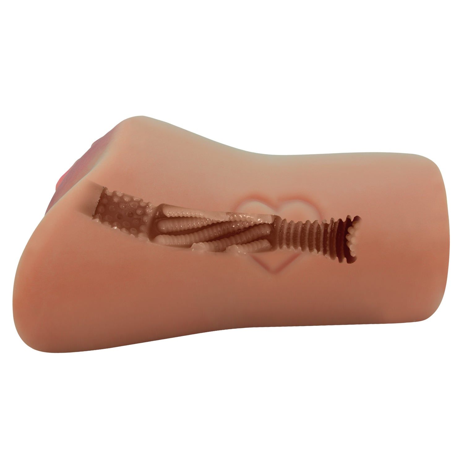 Masturbationsgerät, Seitenansicht. Gerippte Innenseite. Herzförmige Prägung. Rosa farbener Bereich.