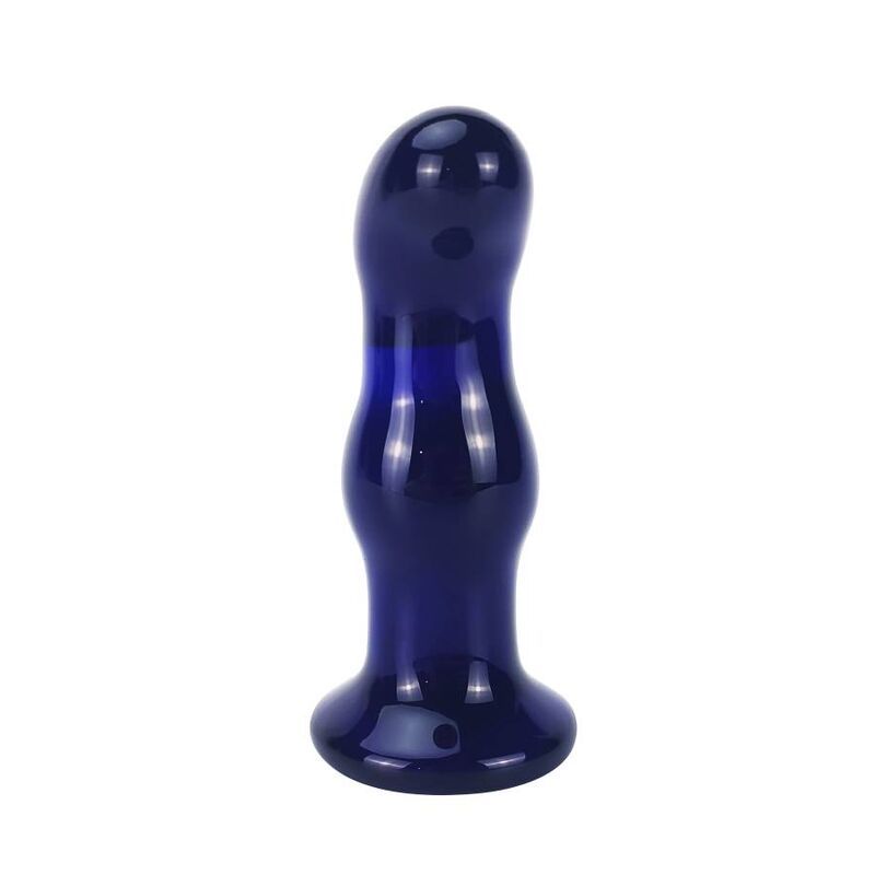 Blauer Glas-Analplug. Zylindrische Form mit abgerundeter Basis und Spitze. Glänzende Oberfläche.