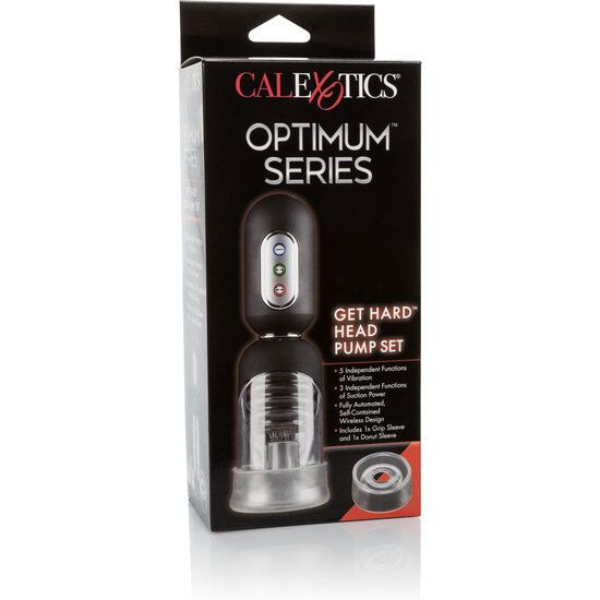 Verpackung der Marke Calexotics. Produkt: Get Hard Head Pump Set. Pumpe mit schwarzem Griff und transparentem Zylinder.