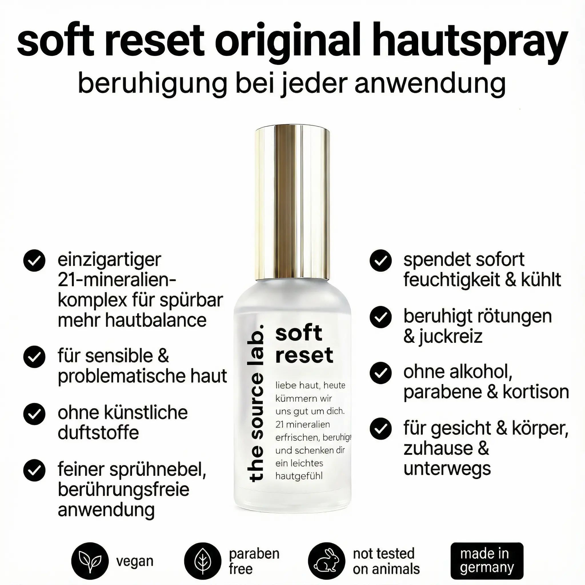 Hautspray-Flasche mit Text: "soft reset original hautspray". Enthält 21 Mineralien, beruhigt, spendet Feuchtigkeit. Vegan, ohne Parabene.