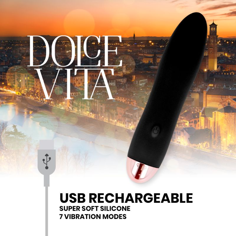 Schwarzer Silikon-Vibrator, USB aufladbar, 7 Vibrationsmodi. Stadt-Skyline im Hintergrund.