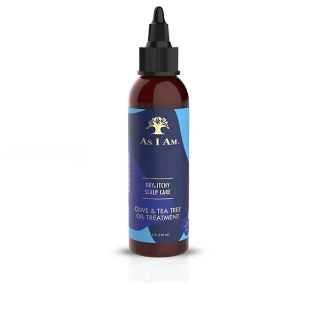 Braune Flasche mit schwarzem Applikator. Etikett mit Logo und Text: Dry, Itchy Scalp Care, Olive & Tea Tree Oil Treatment.