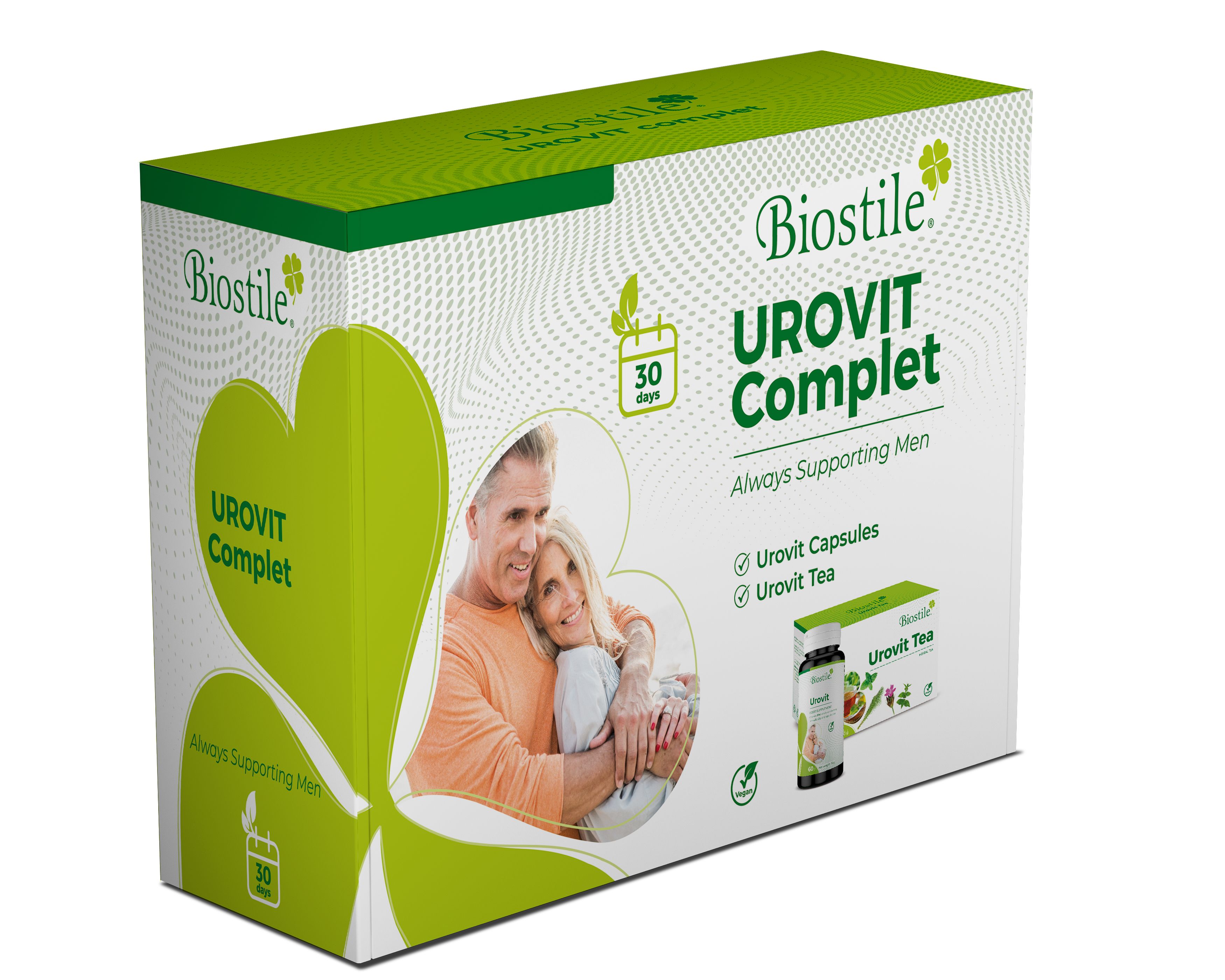 Verpackung von Biostile Urovit Komplett. Enthält Kapseln und Tee. Grün-weiße Box mit Produktnamen und Logo.