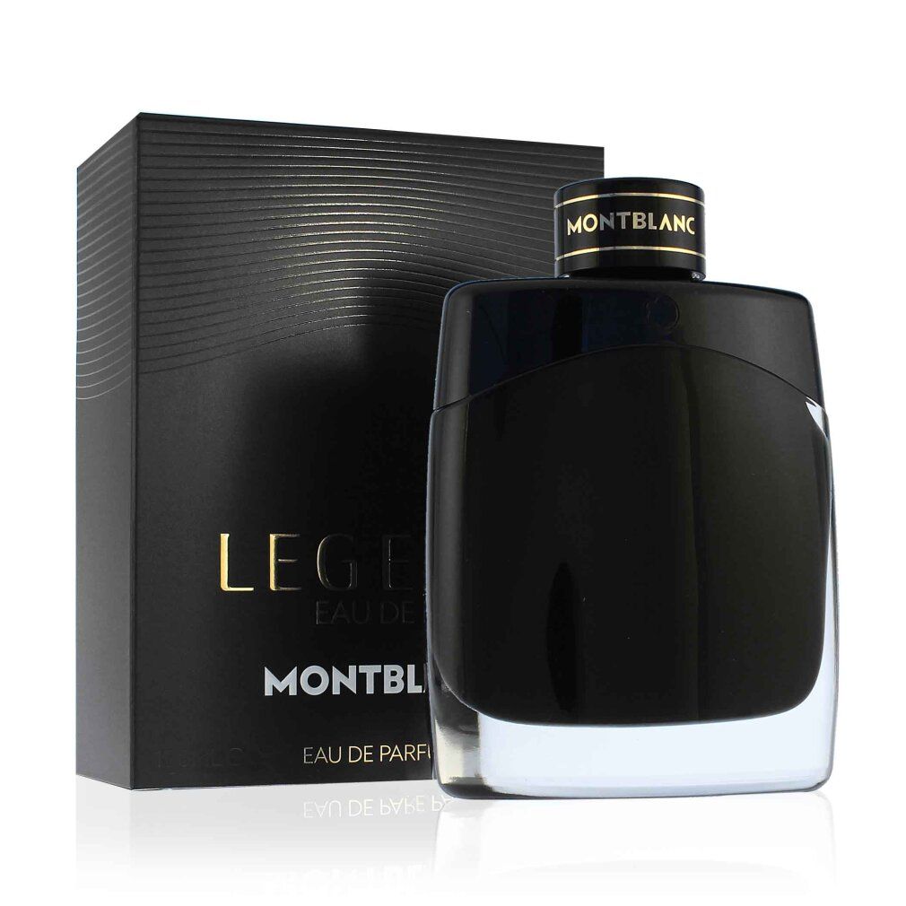 Schwarzer Flakon und Verpackung. Marke MONTBLANC. Aufschrift LEGEND EAU DE PARFUM. Goldfarbene Schrift.